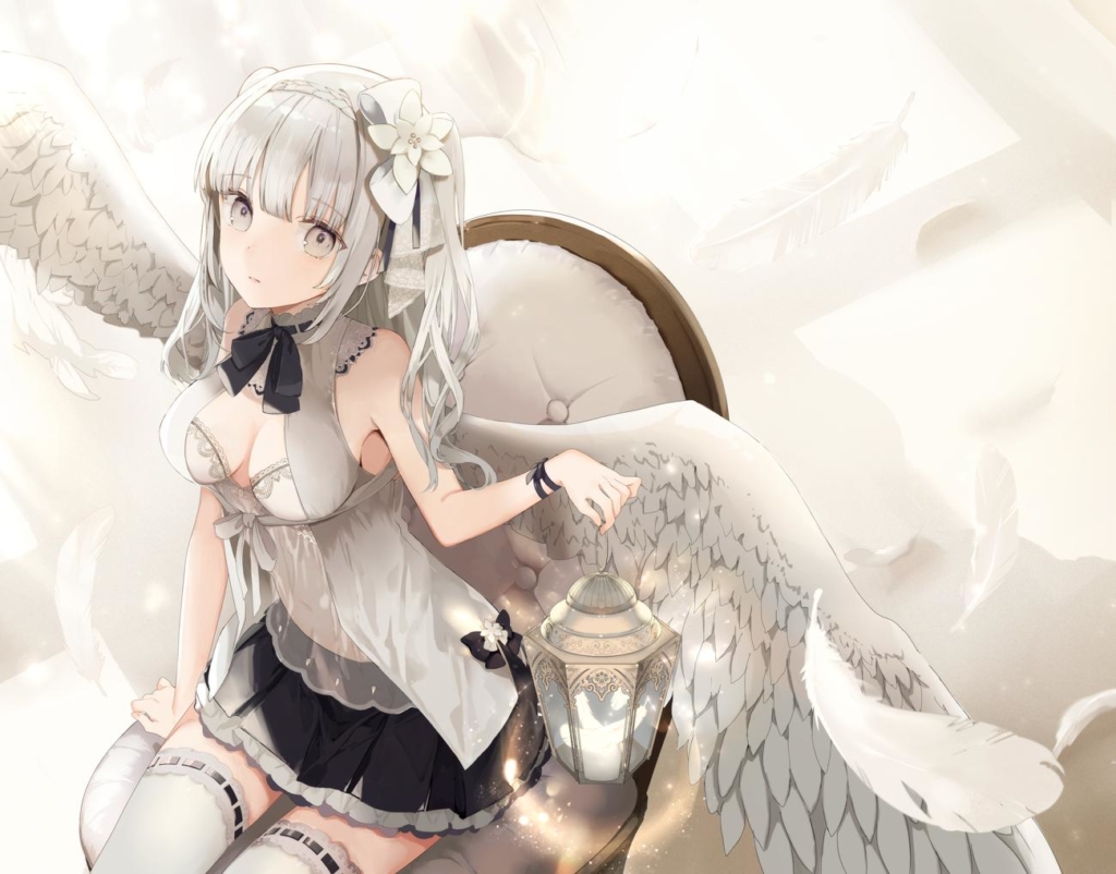 Аниме арт девушки ангела с белыми волосами, Anime Hub